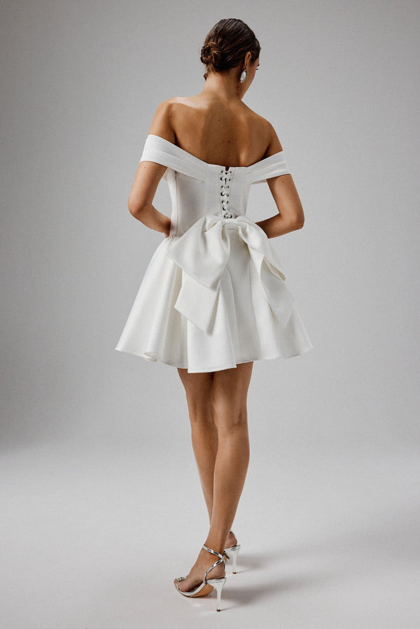 Lavish Alice ORLY Off Shoulder Volume Flared Mini Dress In White