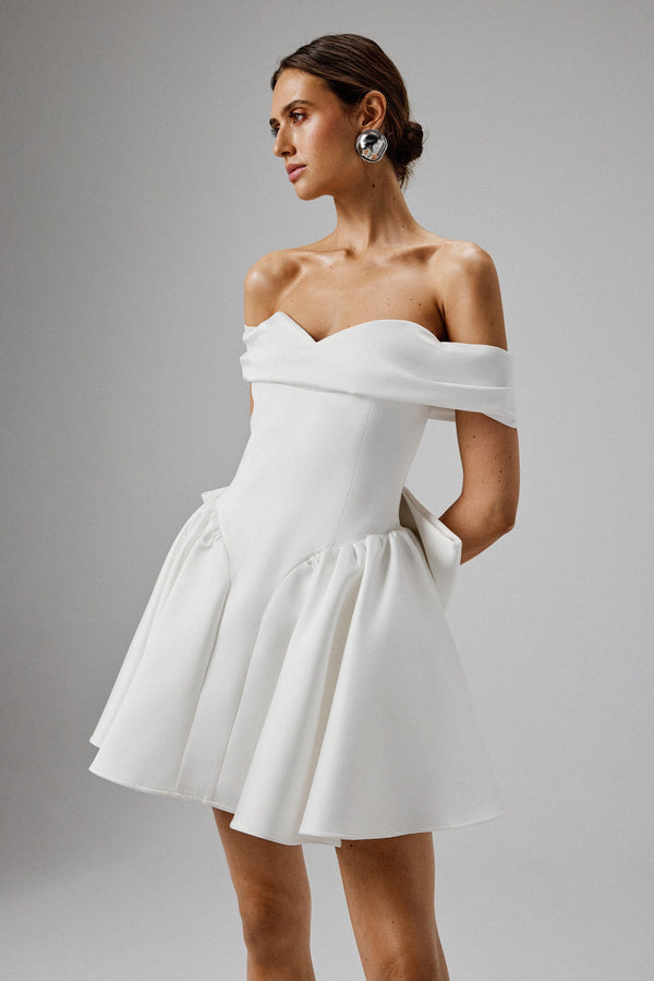 lavish alice ORLY Off Shoulder Volume Flared Mini Dress in White
