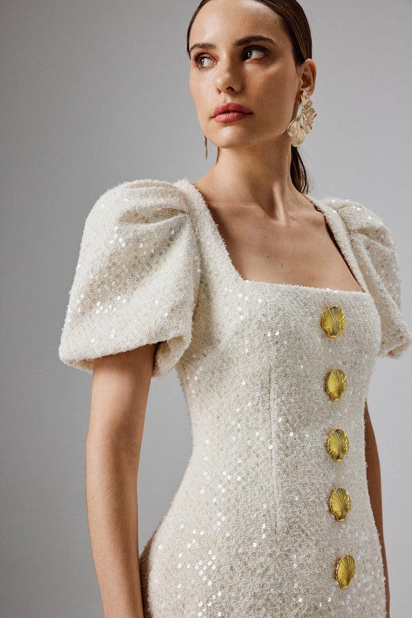 Lavish Alice PAIGE Square Neck Sequin Boucle Tulip Mini Dress In Cream