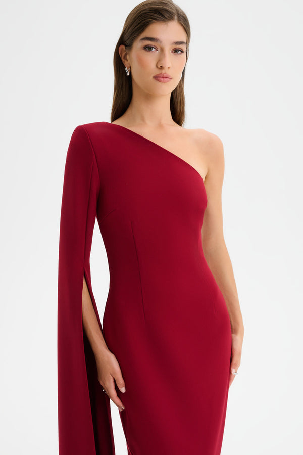 Lavish Alice PHOEBE One Shoulder Cape Sleeve Maxi Dress In Burgundy