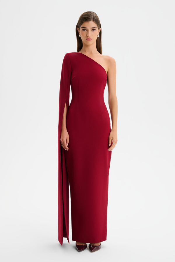 Lavish Alice PHOEBE One Shoulder Cape Sleeve Maxi Dress In Burgundy