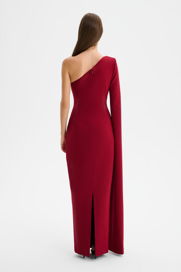 Lavish Alice PHOEBE One Shoulder Cape Sleeve Maxi Dress In Burgundy