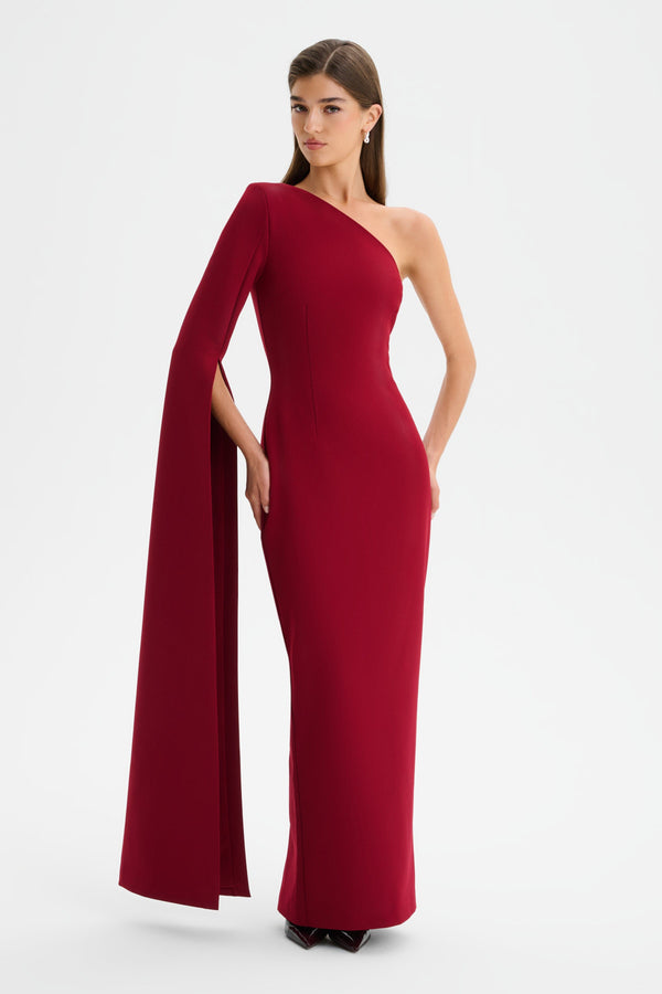 lavish alice PHOEBE One Shoulder Cape Sleeve Maxi Dress in Burgundy