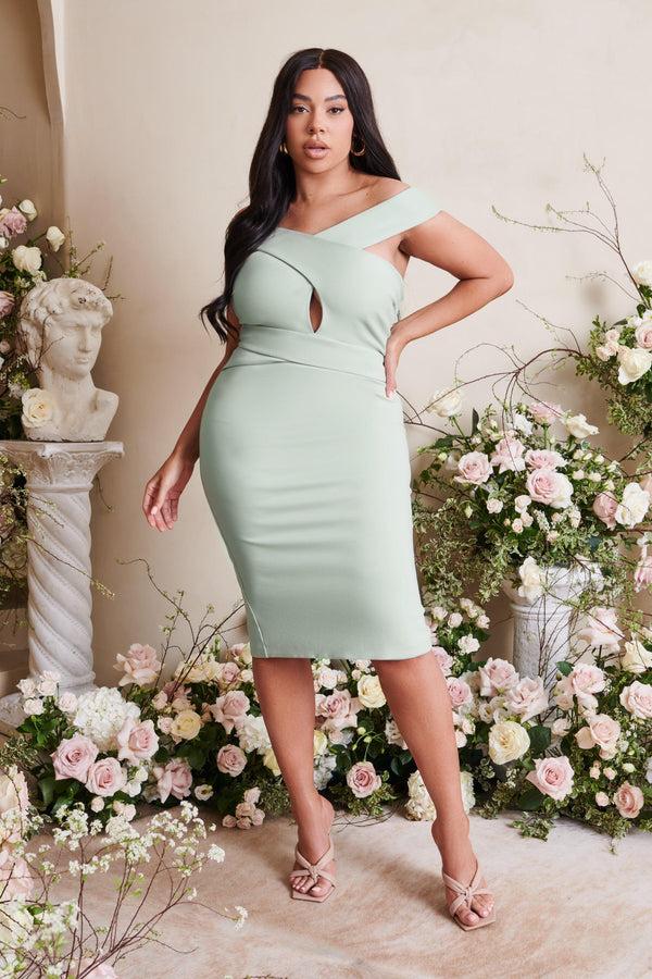 Lavish Alice RAELYNN Curve Off Shoulder Wrap Ponte Midi Dress In Sage