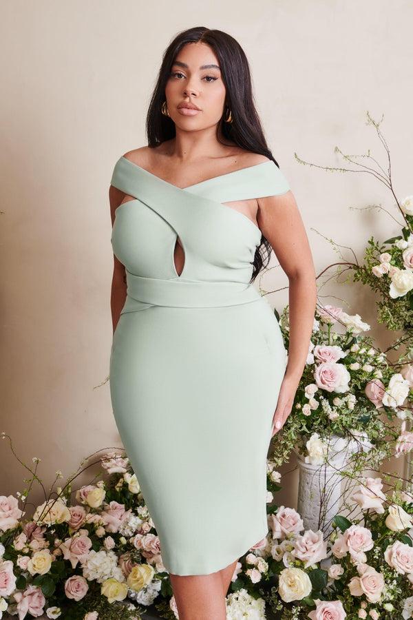 lavish alice RAELYNN Curve Off Shoulder Wrap Ponte Midi Dress in Sage