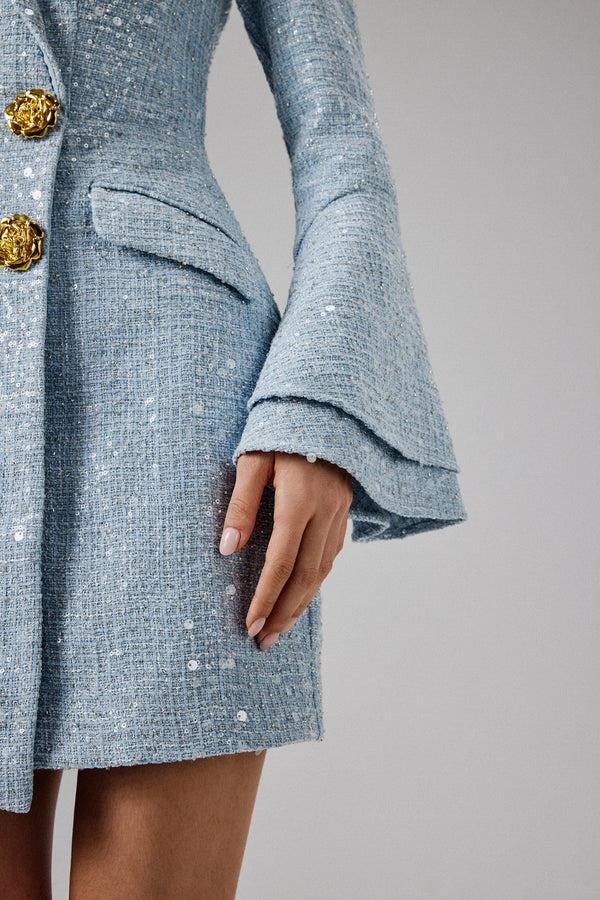 Lavish Alice REBECCAH Oversized Rose Button Boucle Blazer Mini Dress In Blue
