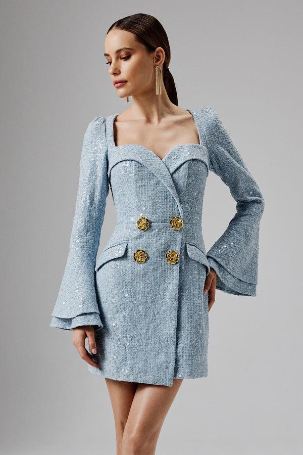 lavish alice REBECCAH Oversized Rose Button Boucle Blazer Mini Dress in Blue