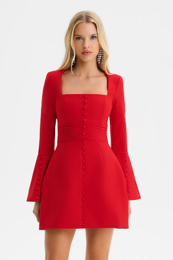 Lavish Alice ROMY Square Neck Fluted Sleeve Mini Dress In Red