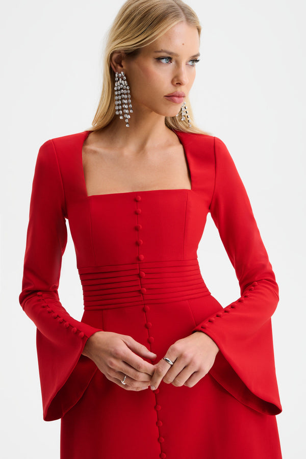 Lavish Alice ROMY Square Neck Fluted Sleeve Mini Dress In Red