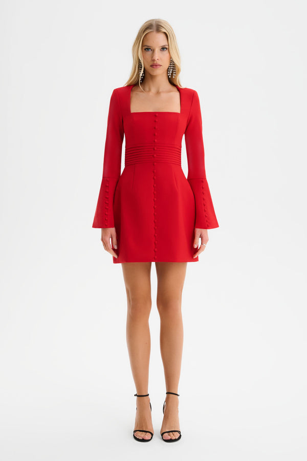 lavish alice ROMY Square Neck Fluted Sleeve Mini Dress in Red