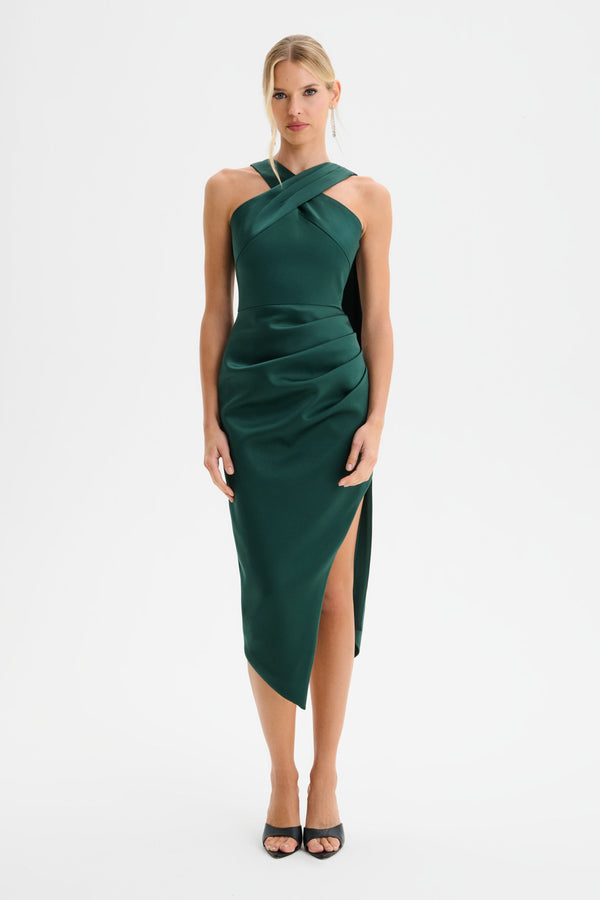 Lavish Alice ROSE Cross Neck Bonded Satin Midi Dress With Drape In Emerald