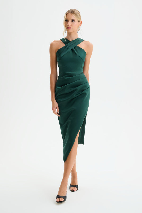 Lavish Alice ROSE Cross Neck Bonded Satin Midi Dress With Drape In Emerald