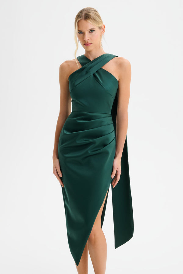 Lavish Alice ROSE Cross Neck Bonded Satin Midi Dress With Drape In Emerald