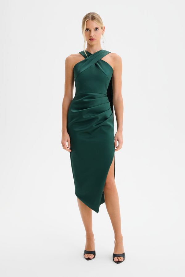 lavish alice ROSE Cross Neck Bonded Satin Midi Dress with Drape in Emerald