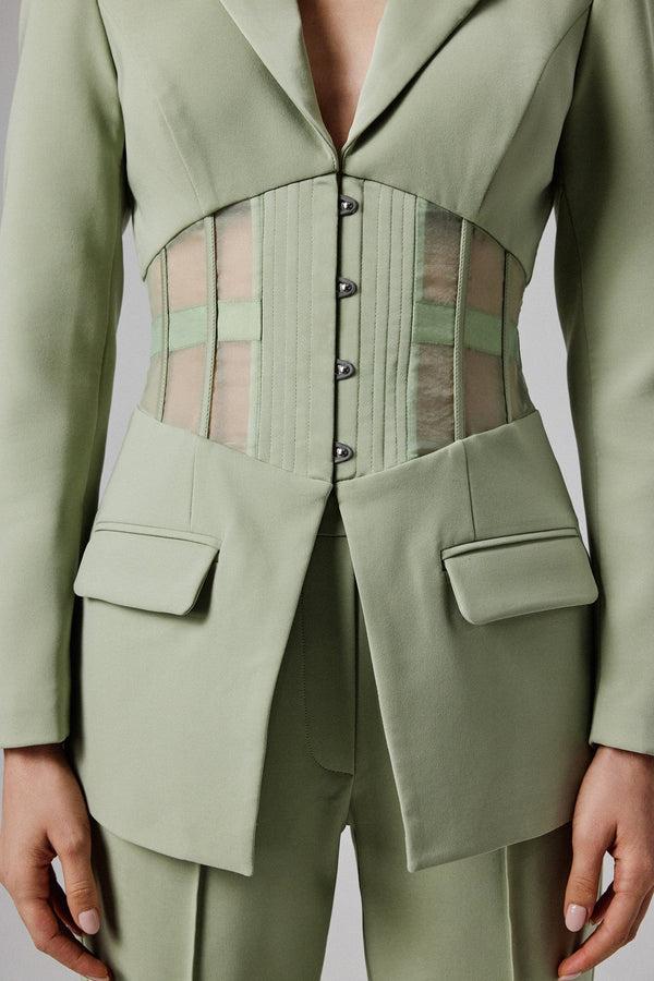 Lavish Alice ROSIE Sheer Satin Mix Corset Blazer In Sage Green