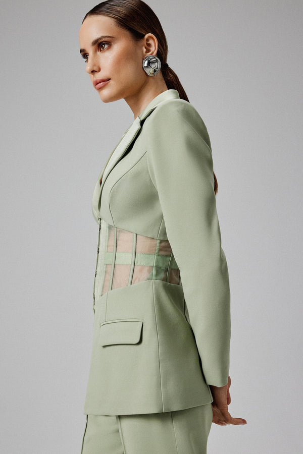 lavish alice ROSIE Sheer Satin Mix Corset Blazer in Sage Green