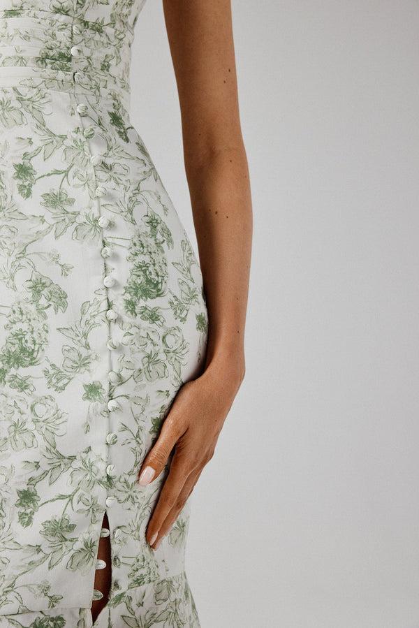 Lavish Alice SAFFRON High Neck Crepe Midi Dress In Sage Porcelain Print