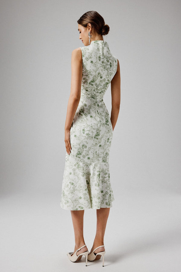 Lavish Alice SAFFRON High Neck Crepe Midi Dress In Sage Porcelain Print