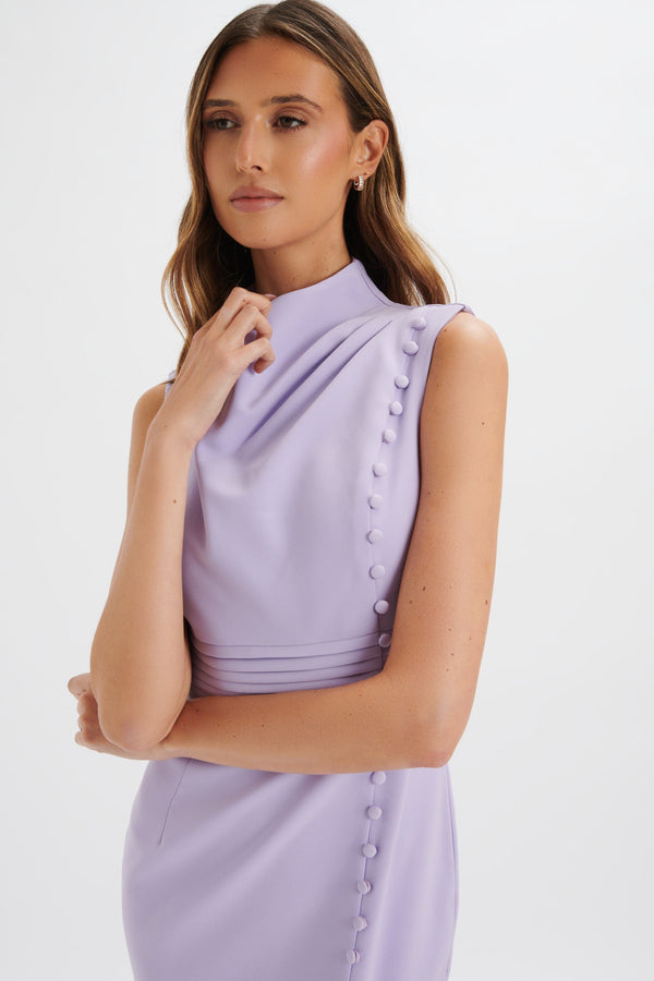 Lavish Alice SAFFRON High Neck Micro Button Midi Dress In Lilac