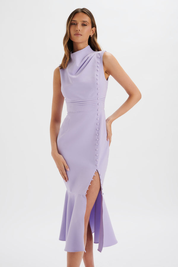 Lavish Alice SAFFRON High Neck Micro Button Midi Dress In Lilac