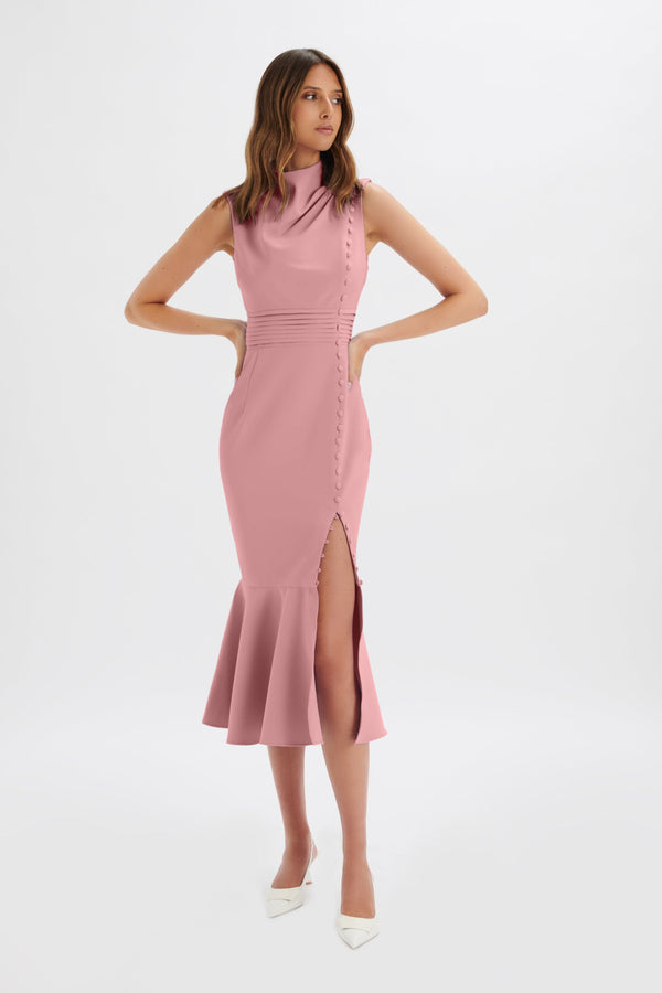 Lavish Alice SAFFRON High Neck Micro Button Midi Dress In Pink