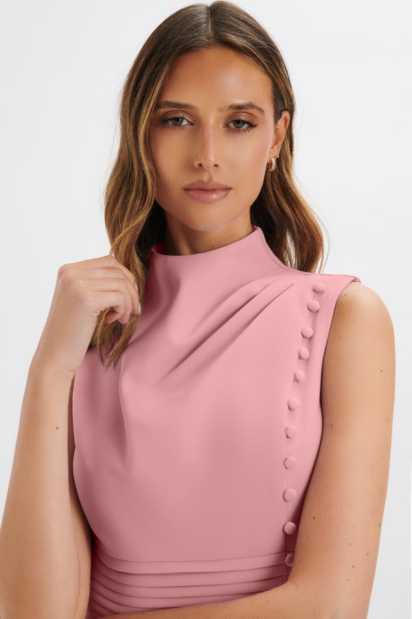 Lavish Alice SAFFRON High Neck Micro Button Midi Dress In Pink