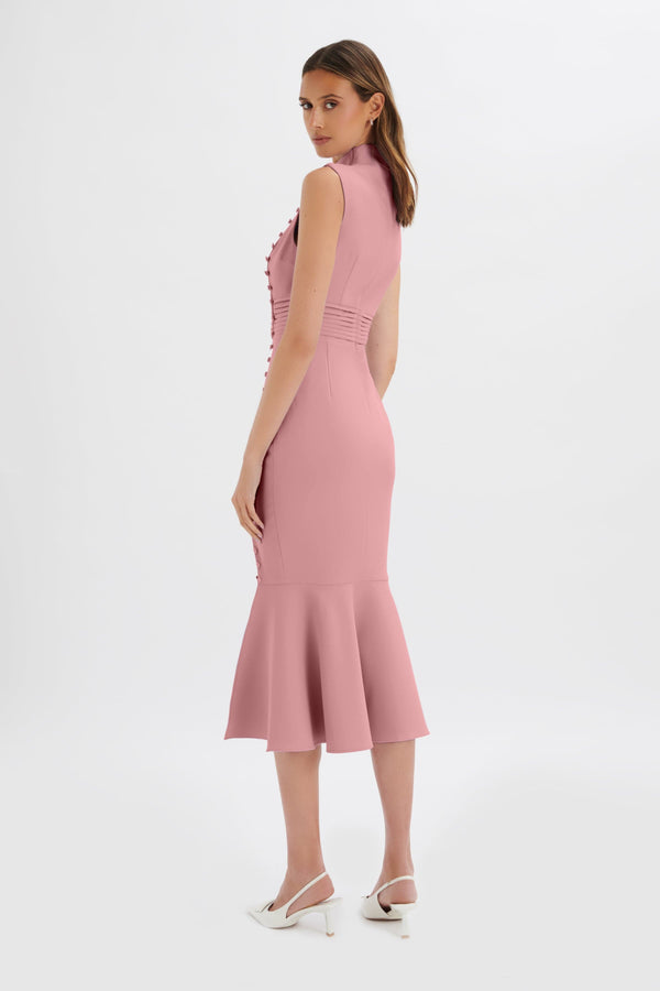 Lavish Alice SAFFRON High Neck Micro Button Midi Dress In Pink
