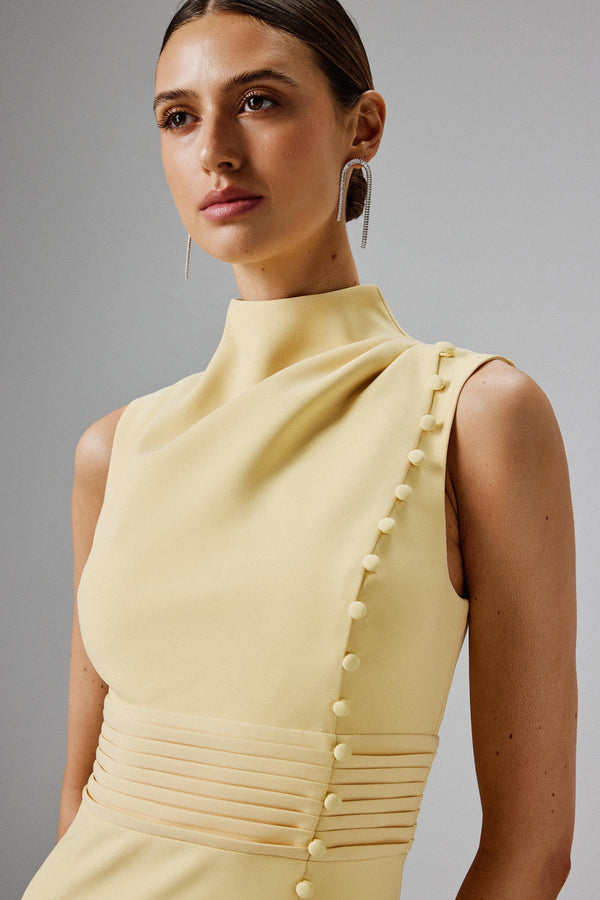 Lavish Alice SAFFRON High Neck Micro Button Midi Dress In Yellow