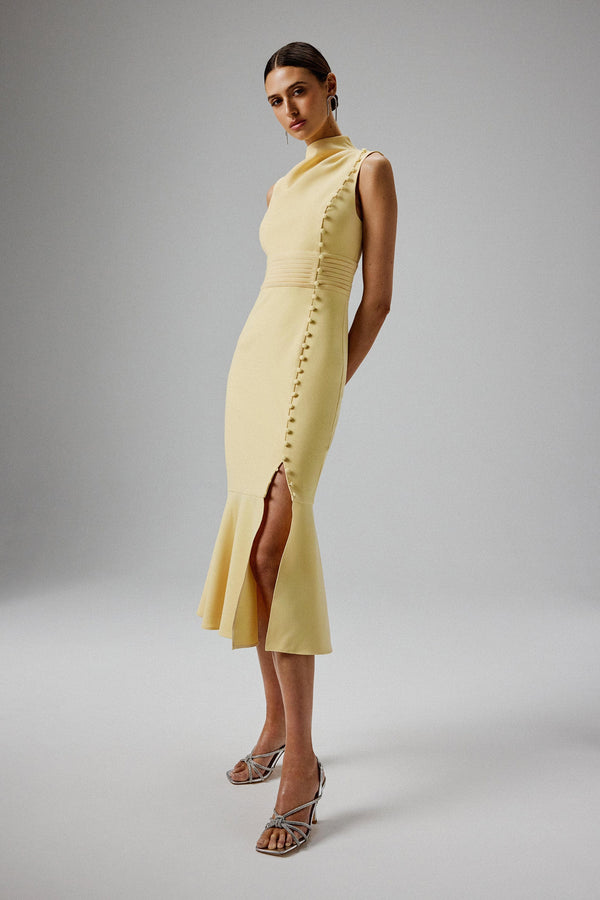 lavish alice SAFFRON High Neck Micro Button Midi Dress in Yellow
