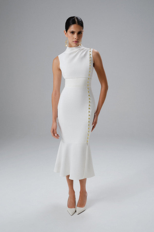 Lavish Alice SAFFRON High Neck Micro Shell Button Midi Dress In White