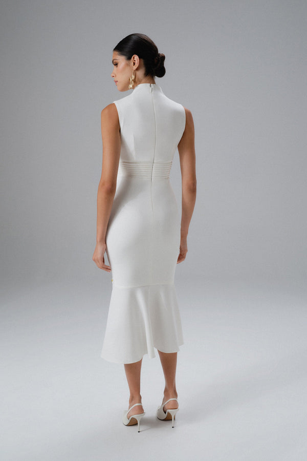 Lavish Alice SAFFRON High Neck Micro Shell Button Midi Dress In White