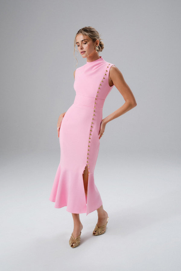Lavish Alice SAFFRON High Neck Micro Shell Button Midi Dress In Pink
