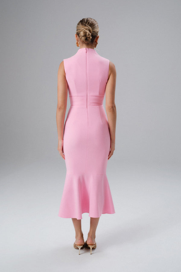 Lavish Alice SAFFRON High Neck Micro Shell Button Midi Dress In Pink