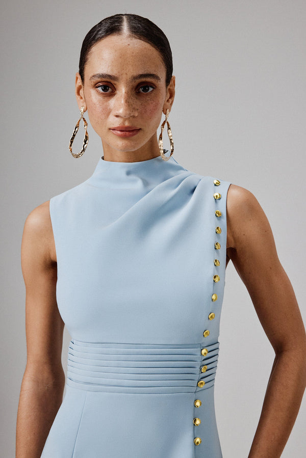 Lavish Alice SAFFRON High Neck Micro Shell Button Midi Dress In Blue