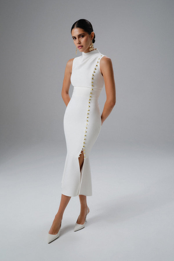 lavish alice SAFFRON High Neck Micro Shell Button Midi Dress in White