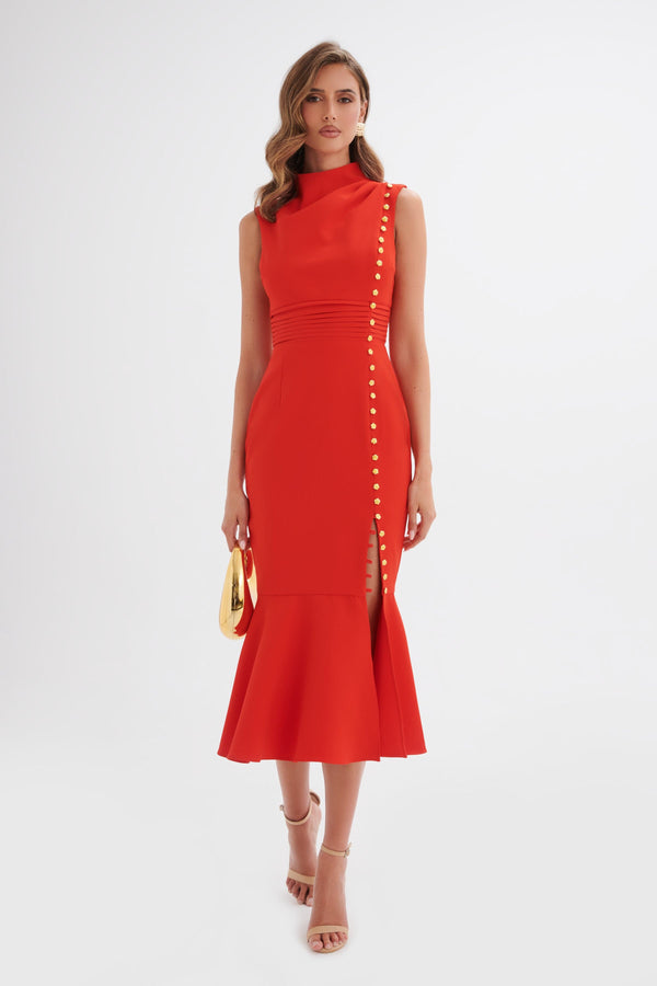 Lavish Alice SAFFRON High Neck Rose Button Midi Dress In Red