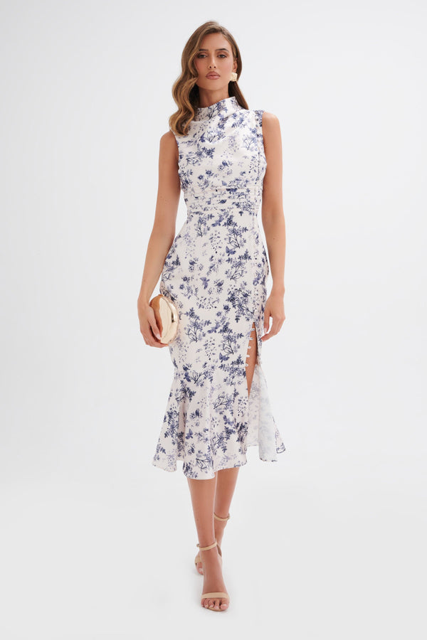 Lavish Alice SAFFRON High Neck Satin Midi Dress In Navy Porcelain Print