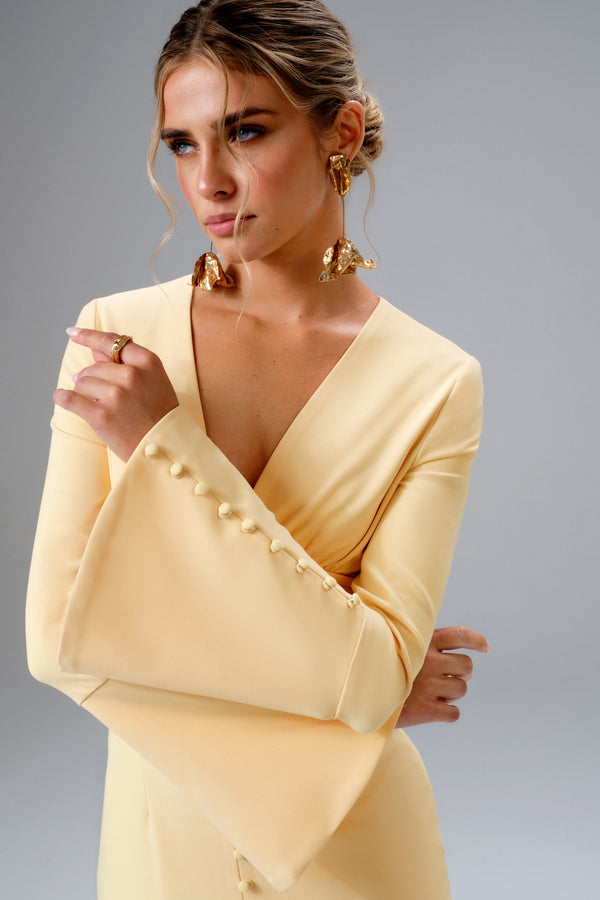 Lavish Alice SALMA Fluted Sleeve Longline Fishtail Midi Dress In Yellow