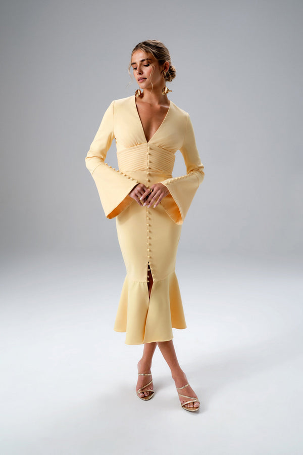 Lavish Alice SALMA Fluted Sleeve Longline Fishtail Midi Dress In Yellow
