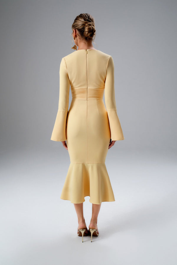 Lavish Alice SALMA Fluted Sleeve Longline Fishtail Midi Dress In Yellow