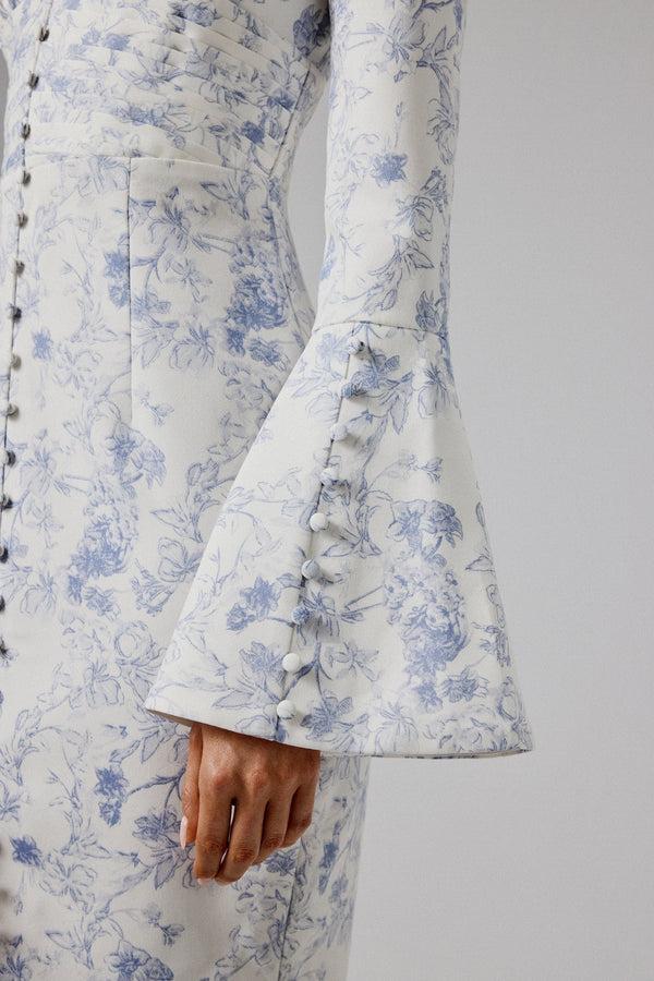 Lavish Alice SALMA Fluted Sleeve Longline Fishtail Midi Dress In Blue Porcelain Print