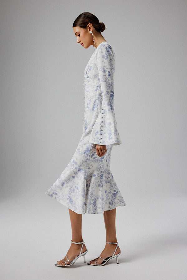 Lavish Alice SALMA Fluted Sleeve Longline Fishtail Midi Dress In Blue Porcelain Print