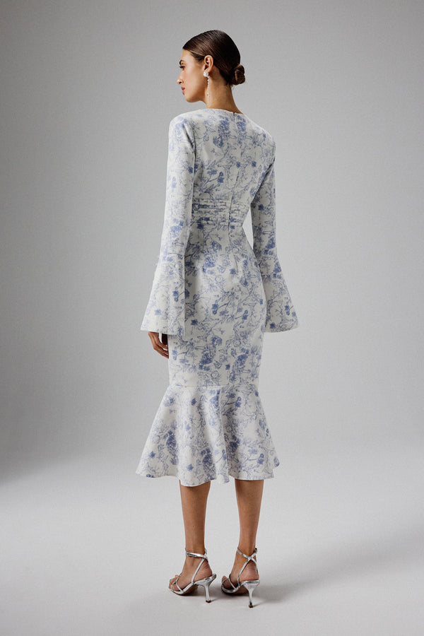 Lavish Alice SALMA Fluted Sleeve Longline Fishtail Midi Dress In Blue Porcelain Print
