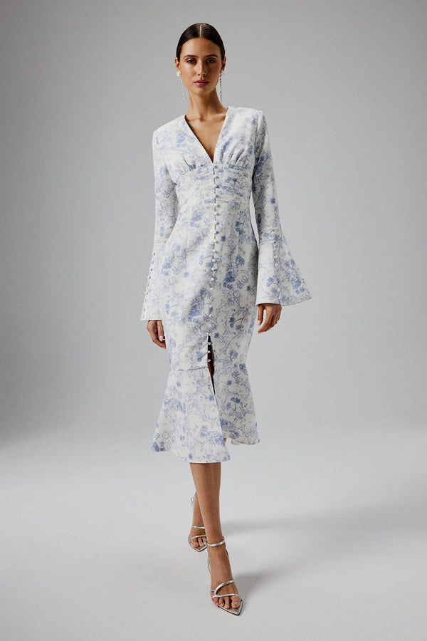 lavish alice SALMA Fluted Sleeve Longline Fishtail Midi Dress In Blue Porcelain Print