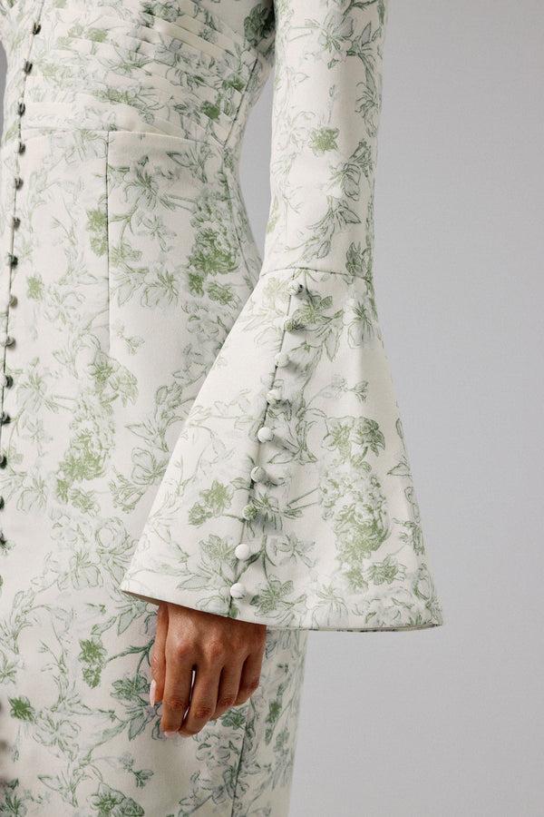 Lavish Alice SALMA Fluted Sleeve Longline Fishtail Midi Dress In Sage Porcelain Print