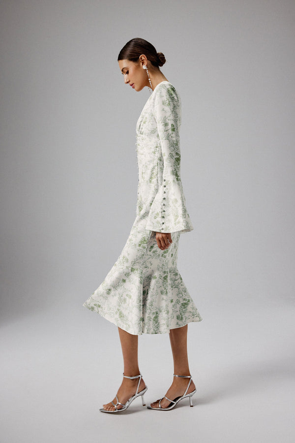 Lavish Alice SALMA Fluted Sleeve Longline Fishtail Midi Dress In Sage Porcelain Print