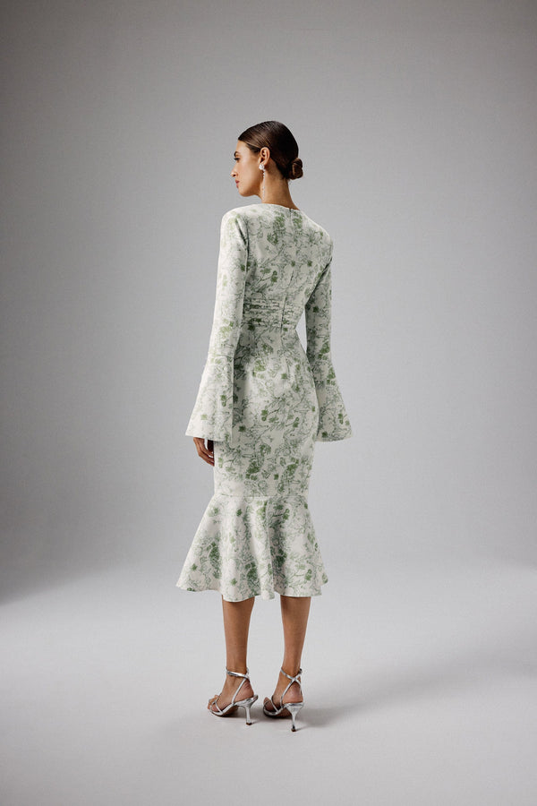 Lavish Alice SALMA Fluted Sleeve Longline Fishtail Midi Dress In Sage Porcelain Print