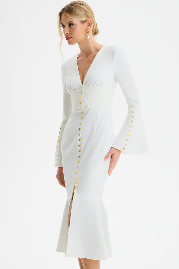 Lavish Alice SALMA Fluted Sleeve Micro Rose Button Midi Dress In White