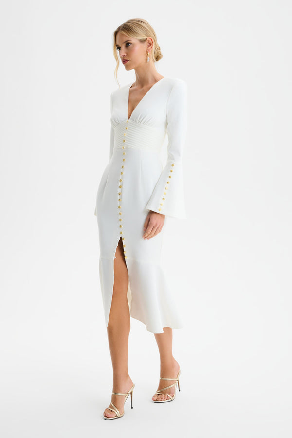 Lavish Alice SALMA Fluted Sleeve Micro Rose Button Midi Dress In White