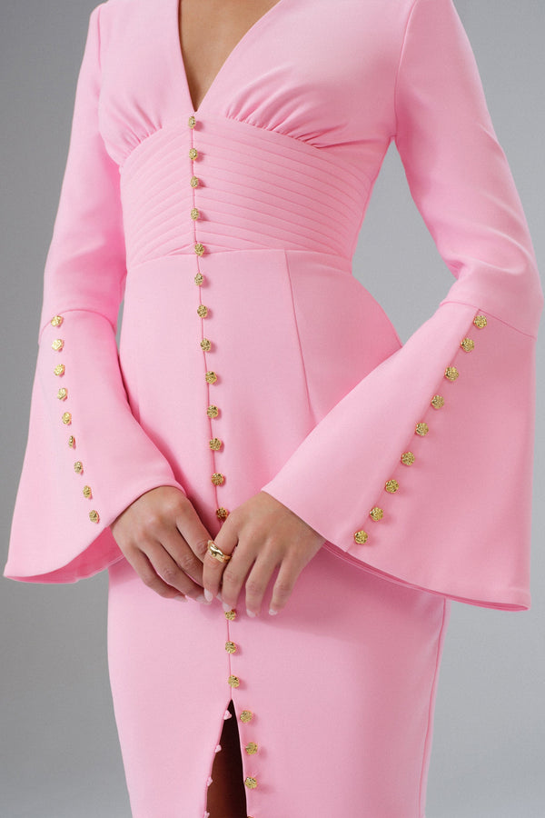Lavish Alice SALMA Fluted Sleeve Micro Rose Button Midi Dress In Pink